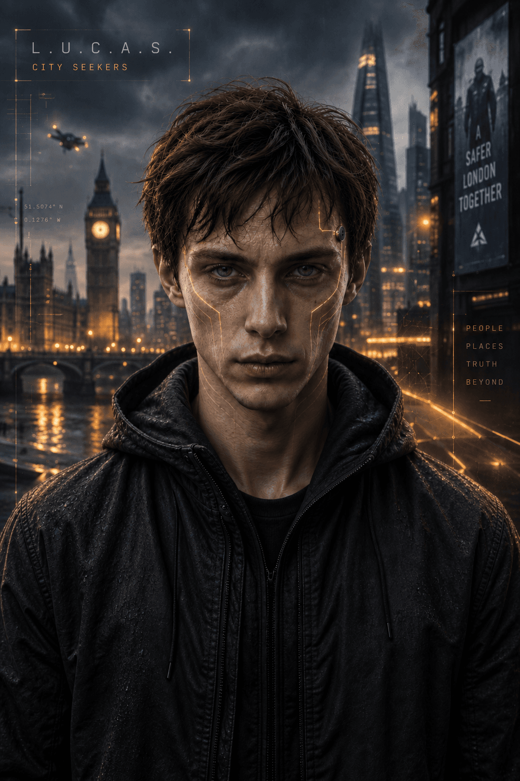 L.U.C.A.S. campaign artwork showing an augmented figure against a stormy London skyline