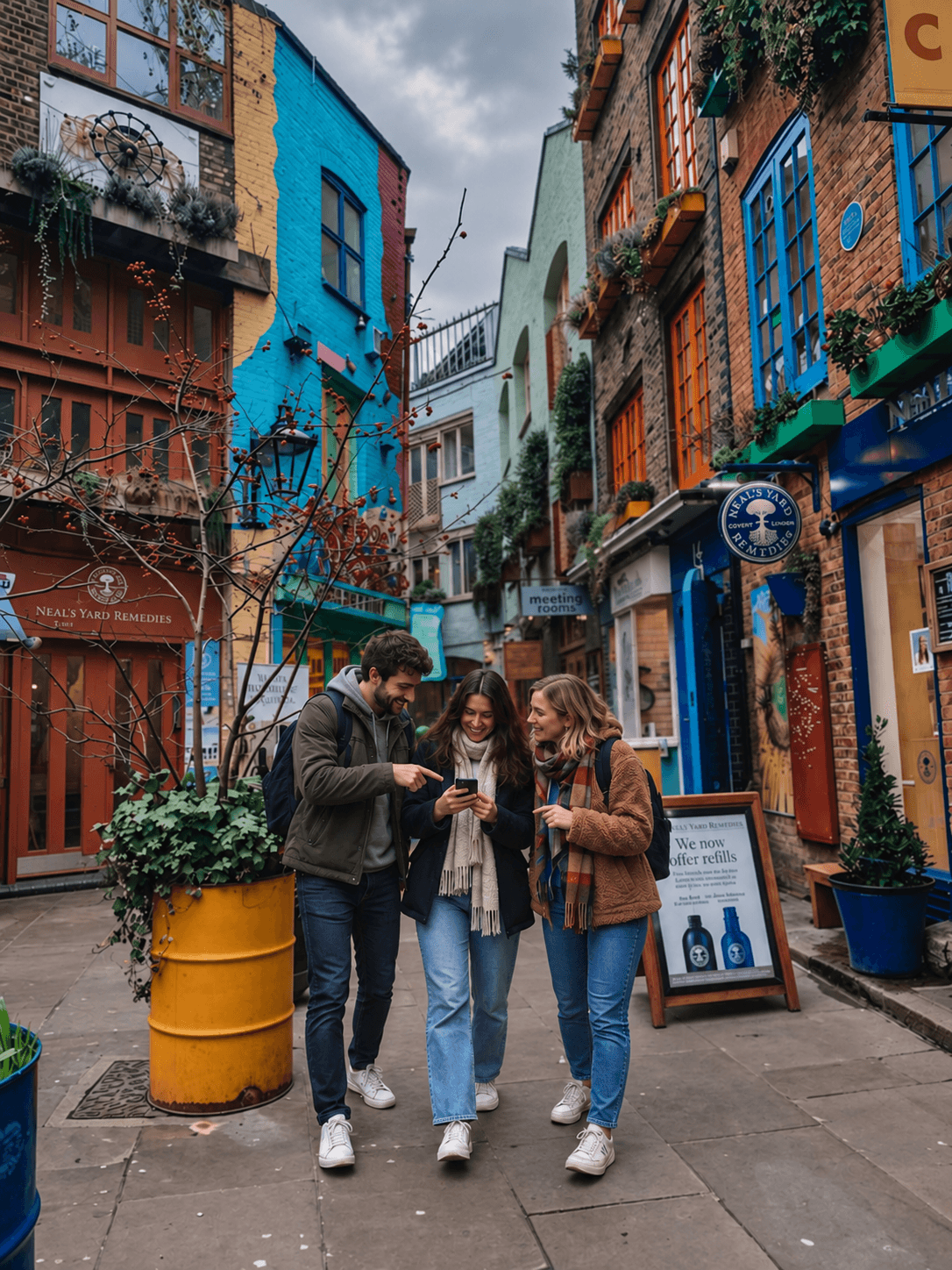 Three friends playing together with a phone in Neal's Yard, London